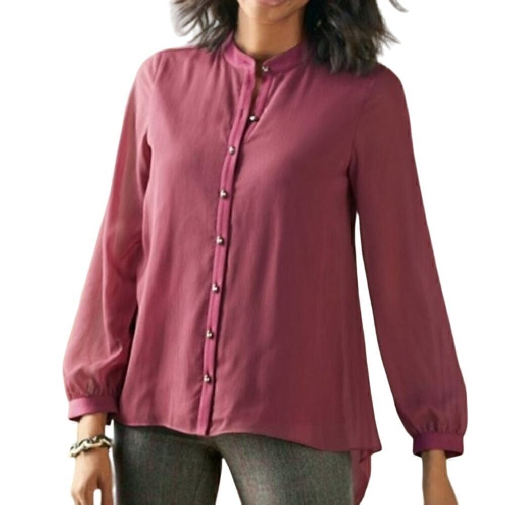 Soft Surroundings Burgundy Collarless Capizzi Top with Sheer Sleeves (L)